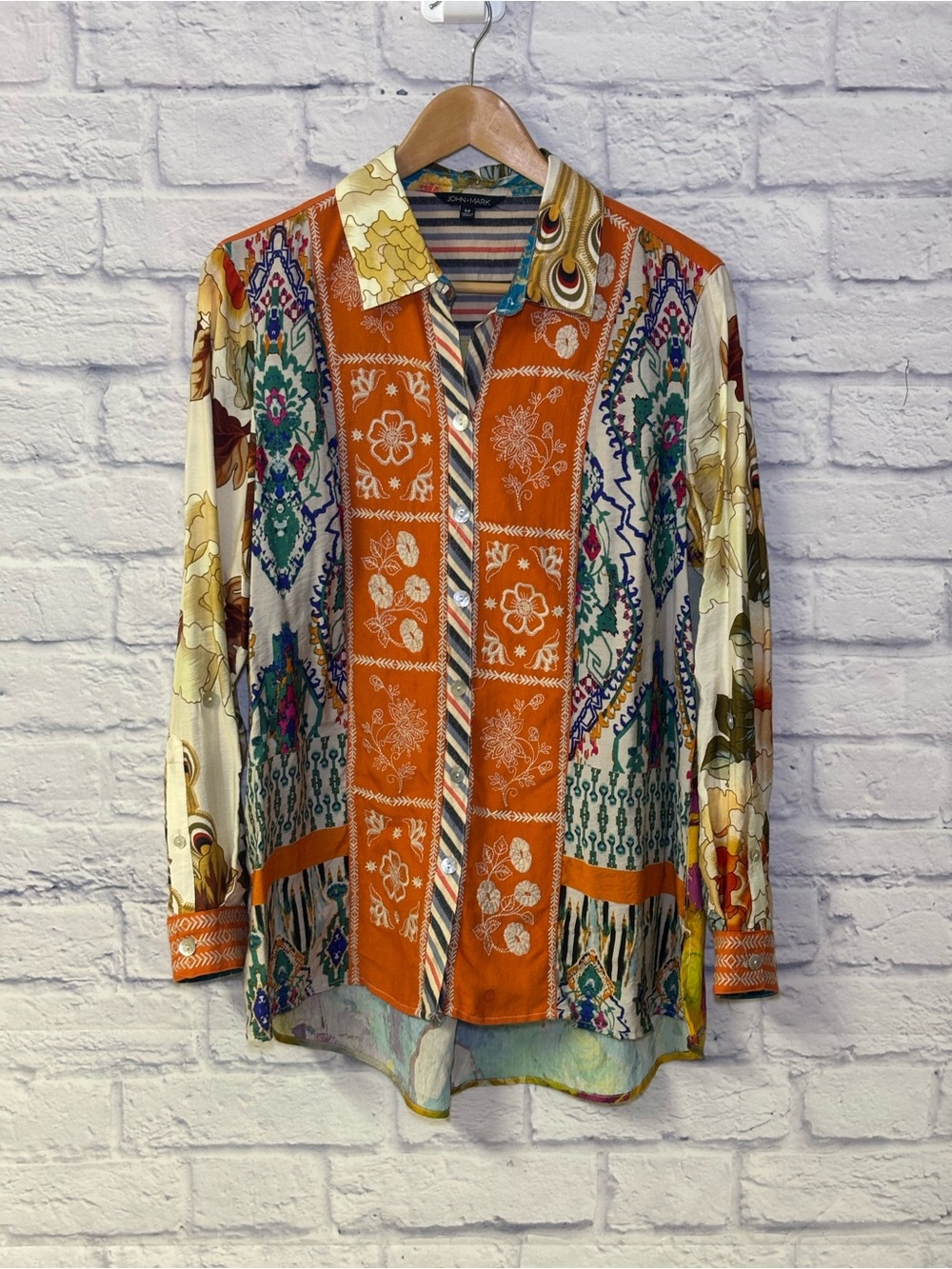 John Mark Top Size Medium Tunic Blouse Button Down Bohemian Artsy Embroidered